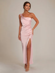 Pale Pink Satin Sheath/Column One Shoulder Ankle Length Bridesmaid Dresses