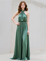 Green A Line Satin Halter Neck Sleeveless Floor Length Dress