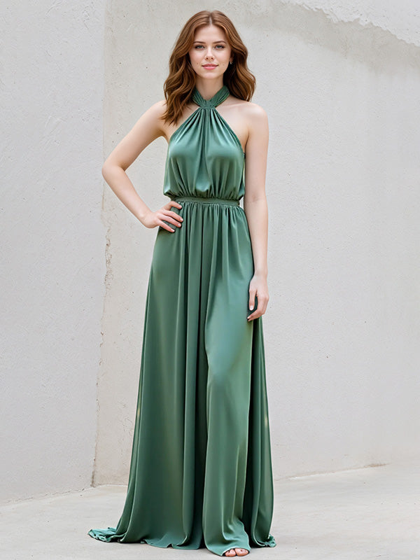 Green A Line Satin Halter Neck Sleeveless Floor Length Dress
