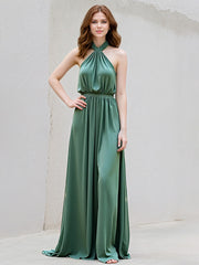Green A Line Satin Halter Neck Sleeveless Floor Length Dress