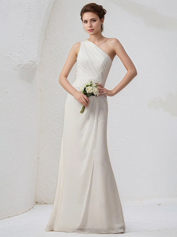 Ivory Chiffon Sheath/Column One Shoulder Sleeveless Floor Length Bridesmaid Dress