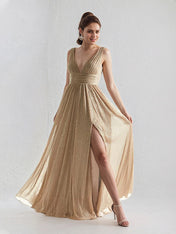 Gold A Line V Neck Sleeveless Floor Length Bridesmaid Dress