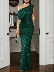 Green One Shoulder Gown Mermaid Sequin Dress