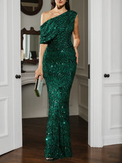 Green One Shoulder Gown Mermaid Sequin Dress