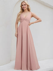 Dusty Rose Chiffon A Line V Neck Sleeveless Floor Length Bridesmaid Dress