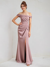 A Line Mauve Satin Off the Shoulder Sleeveless Floor Length Dress With Slit