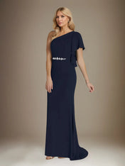 Trumpet/Mermaid Stretch Crepe One Shoulder Short Sleeves Floor Length Dress With Ruffles