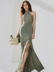 Mist Blue Chiffon Halter Neck Sleeveless Asymmetrical Length Dress With High Slit