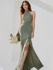 Mist Blue Chiffon Halter Neck Sleeveless Asymmetrical Length Dress With High Slit