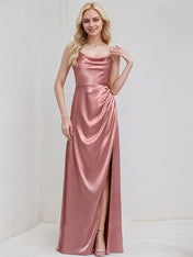 Mauve Satin A Line Spaghetti Straps Sleeveless Floor Length Bridesmaid Dress