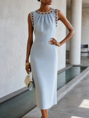 Light Blue Lace Classic Crew Neck Sleeveless Sheath Midi Dress