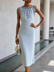 Light Blue Lace Classic Crew Neck Sleeveless Sheath Midi Dress