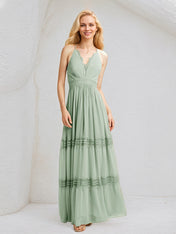 Sage A Line Chiffon V Neck Sleeveless Floor Length Bridesmaid Dresses
