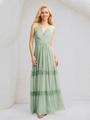 Sage A Line Chiffon V Neck Sleeveless Floor Length Bridesmaid Dresses