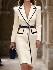 Off White Piping Lapel Collar Long Sleeve Sheath Midi Blazer Dress