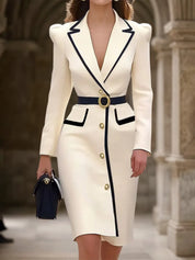 Off White Piping Lapel Collar Long Sleeve Sheath Midi Blazer Dress