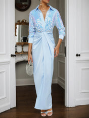 Blue Sequin Collared Long Sleeve Slit Sheath Maxi Dress