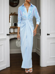 Blue Sequin Collared Long Sleeve Slit Sheath Maxi Dress
