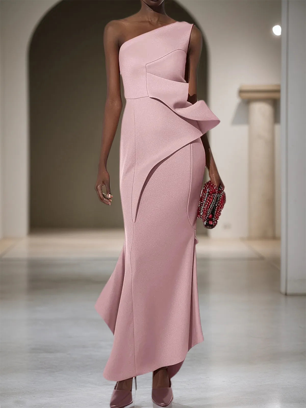 Pink Ruched One Shoulder Sleeveless Sheath Maxi Dress