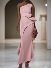 Pink Ruched One Shoulder Sleeveless Sheath Maxi Dress