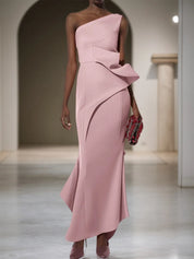 Pink Ruched One Shoulder Sleeveless Sheath Maxi Dress