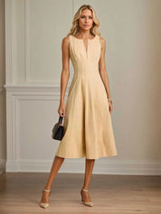 A Line V Neck Sleeveless Tea Length Stretch Crepe Mother of the Bride Dress