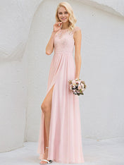Blushing Pink A-Line Scoop Floor-Length Lace Chiffon Bridesmaid Dress
