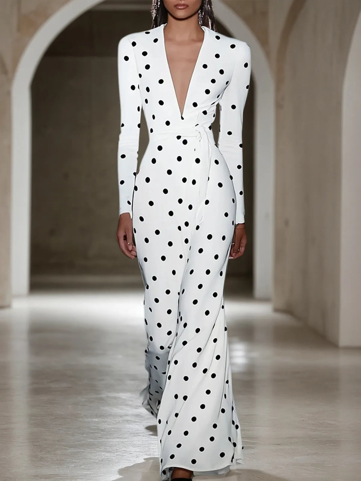 White Deep V Neck Long Sleeve A-Line Maxi Dress