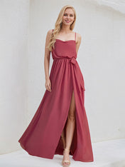 Cinnamon Rose Chiffon A Line Spaghetti Straps Sleeveless Floor Length Bridesmaid Dress
