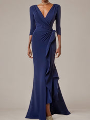 Navy Sheath/Column Stretch Crepe V Neck 3/4 Sleeves Asymmetrical Dresses
