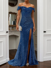 Blue Ruched Slit Sequin Off The Shoulder Short Sleeve Sheath Gown