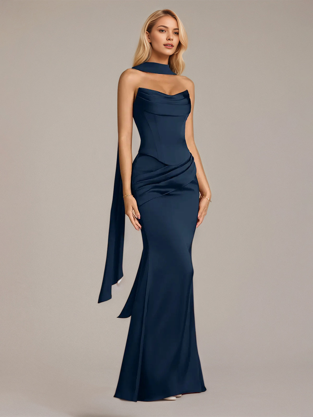 Navy Sheath/Column Satin Off The Shoulder Sleeveless Floor Length Dress