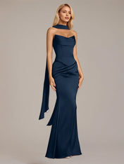 Navy Sheath/Column Satin Off The Shoulder Sleeveless Floor Length Dress