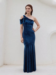Royal Blue Trumpet/Mermaid Velvet One Shoulder Sleeveless Floor Length Dress