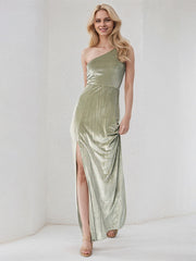 Sage Sheath/Column Velvet One Shoulder Sleeveless Floor Length Dress With High Slit