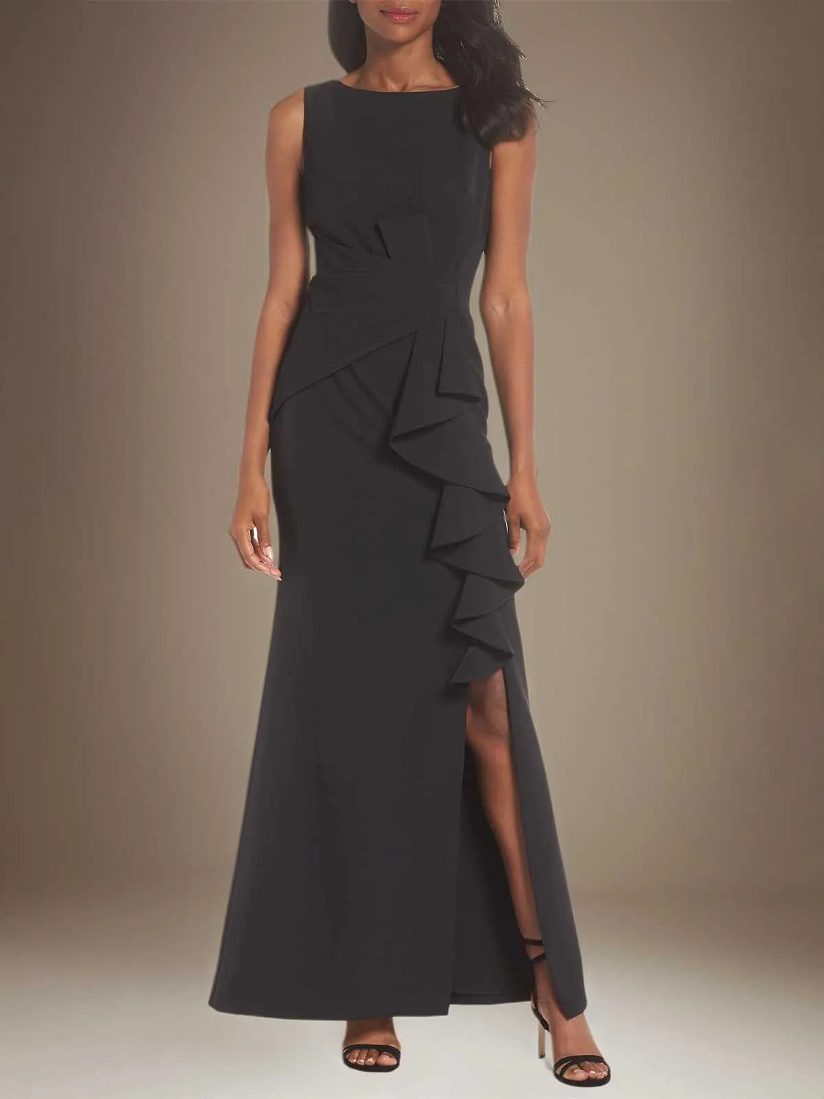 Sheath/Column Stretch Crepe Scoop Neck Sleeveless Floor Length Dress With Ruffles