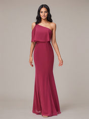 Mulberry Sheath/Column Chiffon One Shoulder Sleeveless Floor-Length Bridesmaid Dresses