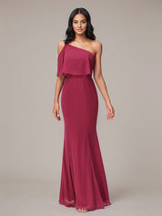 Mulberry Sheath/Column Chiffon One Shoulder Sleeveless Floor-Length Bridesmaid Dresses