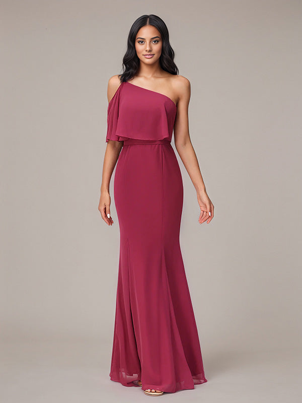 Mulberry Sheath/Column Chiffon One Shoulder Sleeveless Floor-Length Bridesmaid Dresses