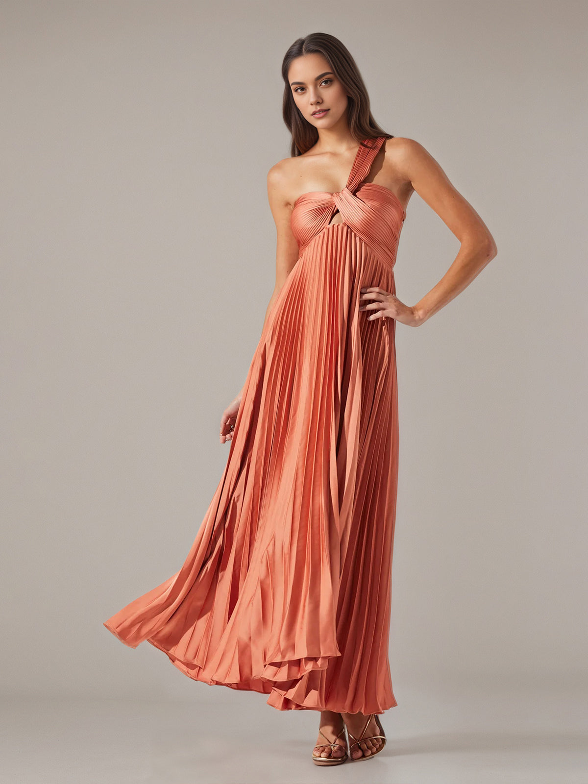 Coral Satin A Line One Shoulder Pleated Floor Length Dress