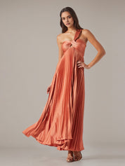 Coral Satin A Line One Shoulder Pleated Floor Length Dress