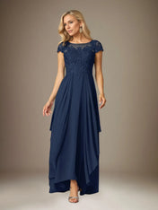 A Line Chiffon Scoop Neck Short Sleeves Floor Length Pleated Mother of the Bride Dresses With Appliques