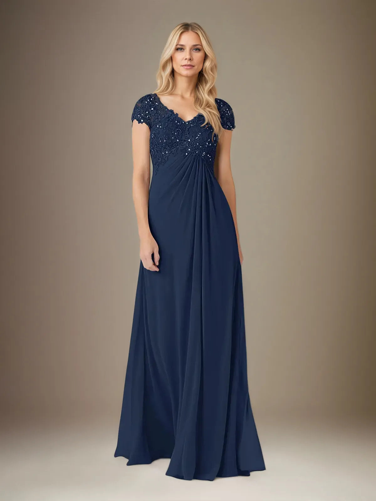 A Line Chiffon V Neck Short Sleeves Floor Length Pleated Mother of the Bride Dresses With Sequins