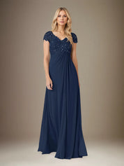 A Line Chiffon V Neck Short Sleeves Floor Length Pleated Mother of the Bride Dresses With Sequins