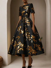 Black Gold Hot Stamping Floral Short Sleeve A-Line Maxi Dress
