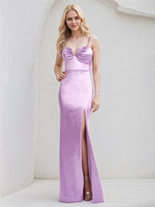 Lilac Satin Sheath/Column Spaghetti Straps Sleeveless Floor Length Bridesmaid Dress