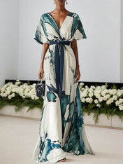 Blue Printing Chiffon V Neck Short Sleeve A-Line Maxi Dress