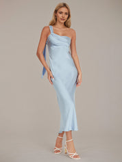 Blue Sheath/Column Satin One Shoulder Sleeveless Ankle Length Dresses