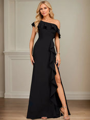 Sheath/Column One Shoulder Floor-Length Stretch Crepe Dress With Cascading Ruffles