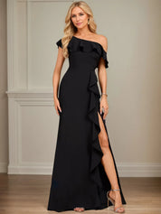 Sheath/Column One Shoulder Floor-Length Stretch Crepe Dress With Cascading Ruffles